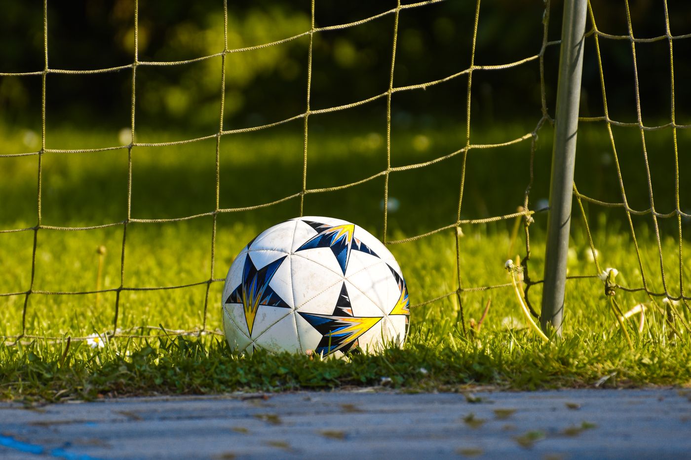 Football beside a goal on a grass pitch
