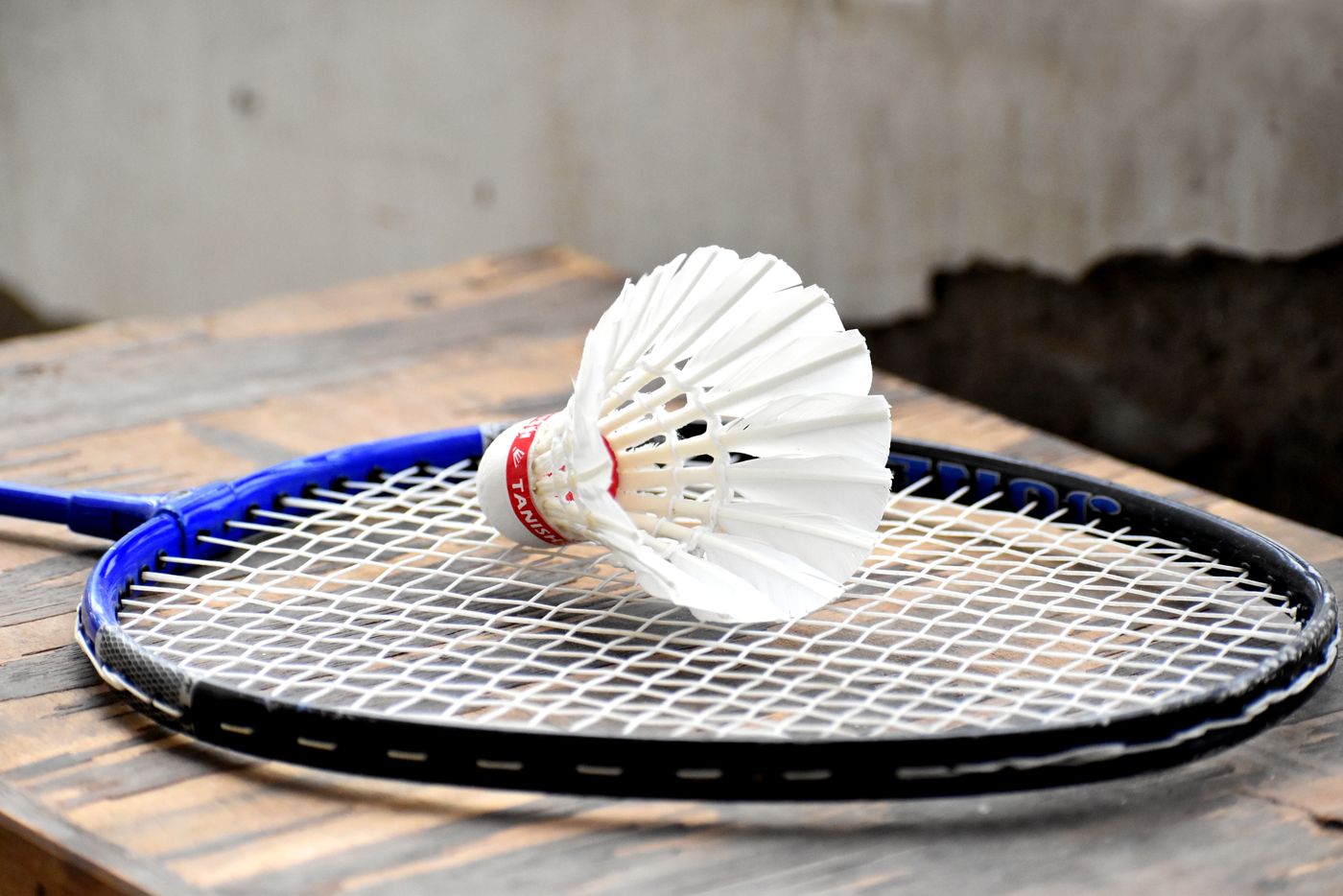 Shuttlecock resting on a badminton racquet